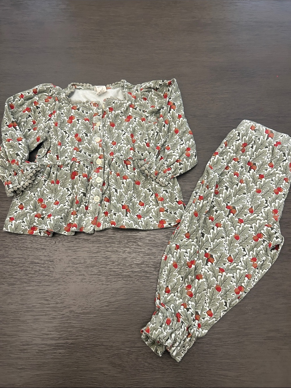 kate quinn Olive Green and orange acorn Floral Kids Pajama Set